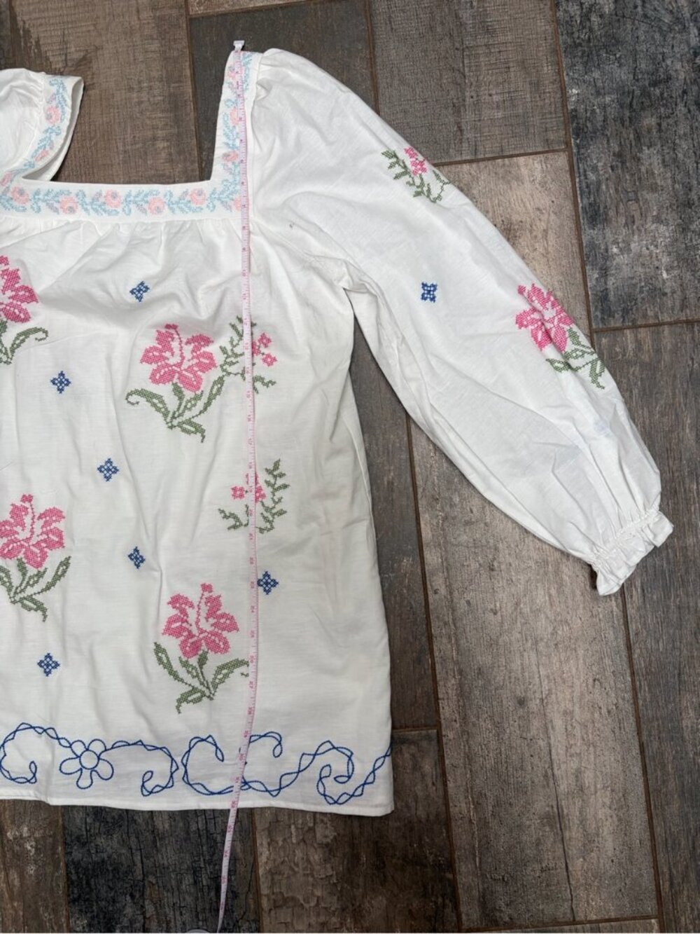 Embroidered Floral White Peasant Tunic Dress - White, Blue, Pink & Green - Picture 6 of 6
